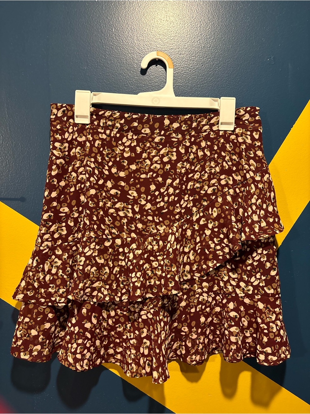 A Beautiful Soul Burgundy Beige & Gold Animal Print Ruffled Mini Skirt NWOT